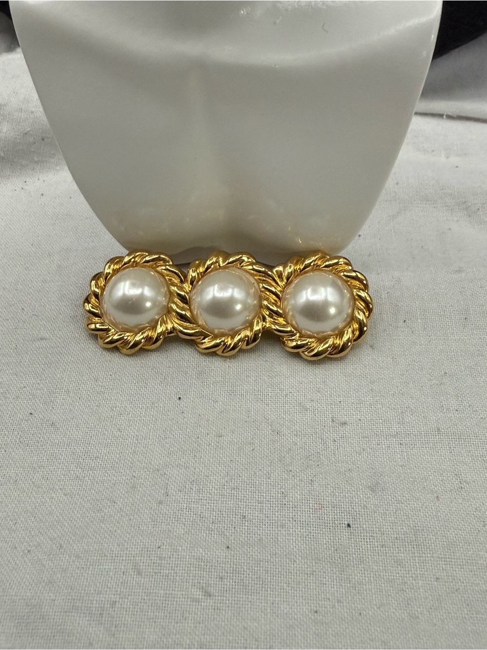 Vintage Gold Tone Faux Pearl Three Button Brooch Collectible Fashion Costume Pin